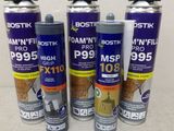 four different types of foam fillers and a can of foam filler