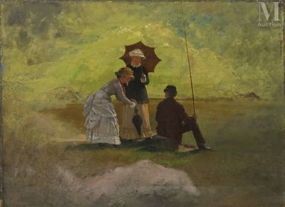 tableau représentant un groupe de personnes dans un champ, avec un homme tenant un parapluie
