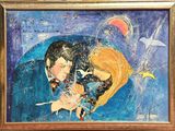 a painting of a man and a woman holding a baby