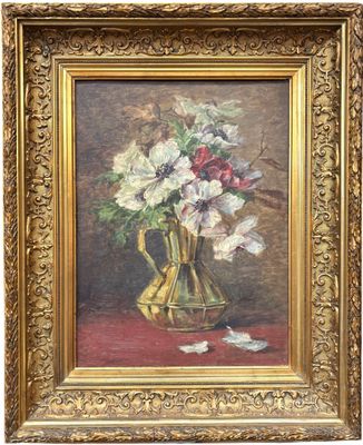 painting of flowers in a gold vase on a red table cloth