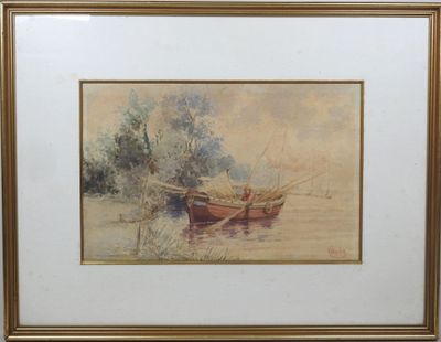 tableau représentant un bateau sur un plan d'eau, avec des arbres en arrière-plan