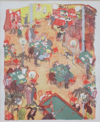 une image représentant un tableau où l'on voit des personnes jouant au billard dans un restaurant