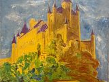 an oil painting of a castle on a hill with trees in the foreground