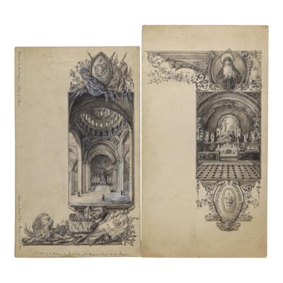 two drawings of a church with a clock and a statue