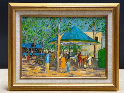 peinture à l'huile encadrée représentant une scène de marché avec des personnes devant un étal