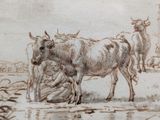 a drawing of a cow standing next to a man