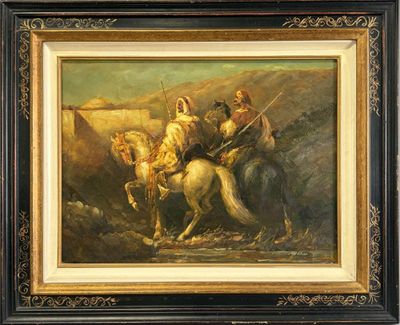 tableau représentant deux hommes à cheval dans un paysage montagneux