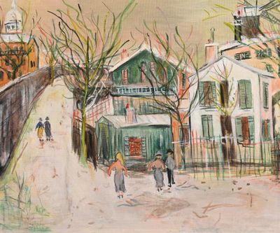 Ecole NAIVE du XXe siècle Montmartre, ruelle enneigée