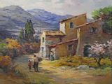 an oil painting of a couple of people walking down a dirt road