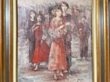 une peinture à l'huile représentant une femme en robe rouge debout devant une foule