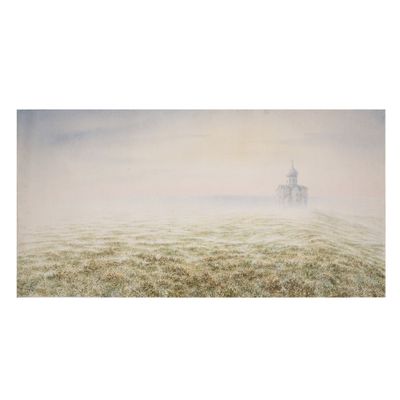 a painting of a windmill in a foggy field on a foggy day