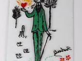 painting of a man in a green suit holding a red heart
