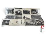 several black and white photographs of a man on a surfboard on a white surface