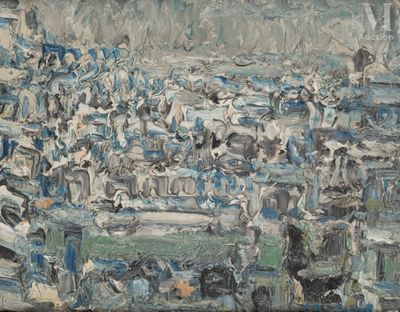 painting of a crowd of people in a stadium with a baseball field in the background