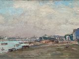painting of a painting of a beach with people and animals on the shore