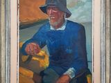 an oil painting of a man sitting in a boat with a hat on