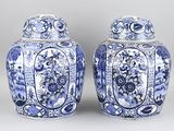 pair of blue and white vases with floral designs on them