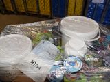 many plastic containers on a pallet with plastic lids