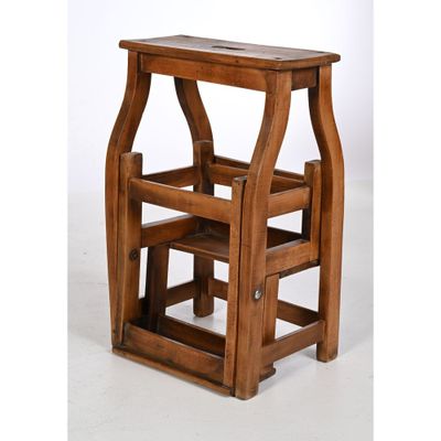 TABOURET ESCABEAU en bois naturel patiné. - Photo 1