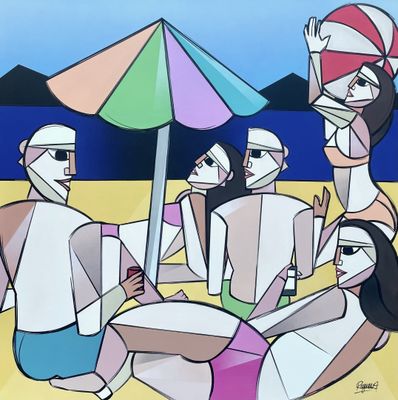 painting of a group of people sitting on a beach under an umbrella