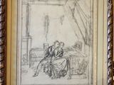 un vieux dessin représentant une femme assise sur une chaise devant une fenêtre