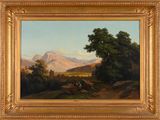 une peinture à l'huile représentant un paysage de montagne avec du bétail paissant au premier plan