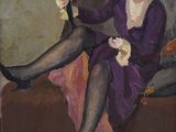 painting of a woman in a purple dress sitting on a couch holding a glass of wine