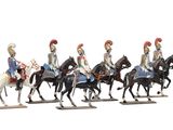 four figurines of men riding horses on a white background