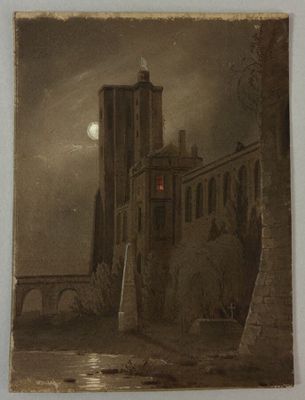 une image représentant un tableau d'un château la nuit, éclairé par une lumière rouge