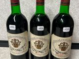 trois bouteilles de vin posées les unes à côté des autres sur un comptoir