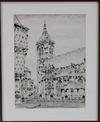 dessin représentant un vieux bâtiment avec une tour horloge au centre