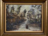 an oil painting of a man walking down a path in a wooded area