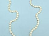 a white pearl necklace with a gold clasp on a blue background