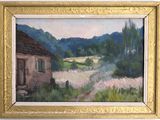 une peinture à l'huile représentant une maison dans un champ avec des arbres en arrière-plan