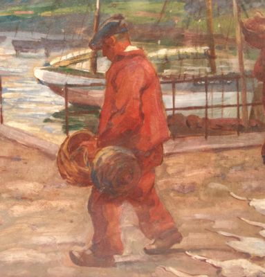 un tableau représentant un homme portant un panier de poissons