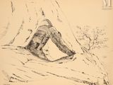 dessin représentant un homme assis sur un rocher, les jambes croisées