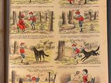 an open book with pictures of people and animals in the woods