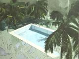 un tableau représentant une piscine entourée de palmiers