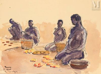 un tableau représentant un groupe de personnes assises par terre