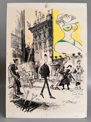 dessin représentant un homme et une femme marchant dans une rue, avec une tour horloge en arrière-plan