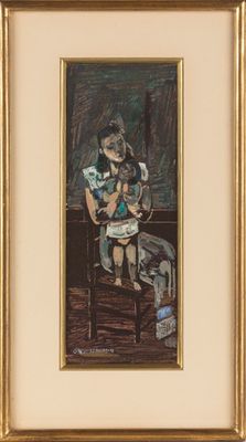 tableau représentant une femme assise sur une chaise, tenant un enfant dans ses bras