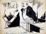 cartoon drawing of a man shaking another man ' s hand in front of a mirror