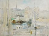 une peinture de bateaux dans un port avec des bâtiments à l'arrière-plan