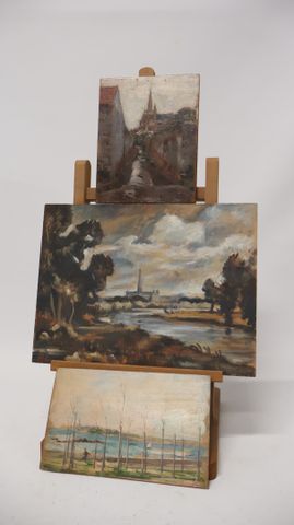 Lot de 3 huiles sur panneau, « Paysage et vue de village ». Deux ...