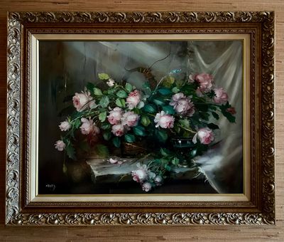 une peinture de fleurs dans un vase sur une table