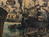 a painting of a harbor scene with boats and people