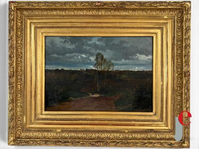 an image of a painting of a landscape with a lone tree in the foreground