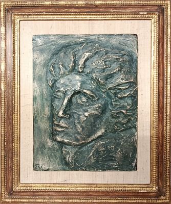 a close up of a painting of a man ' s face in a gold frame