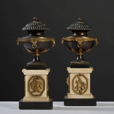 paire d'urnes anciennes en bronze et marbre, posées sur des socles en marbre