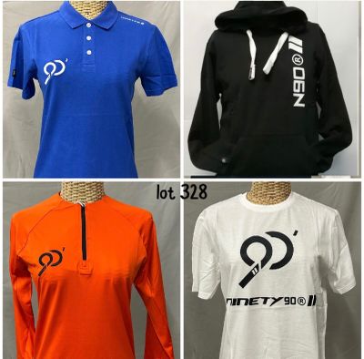 four different colored shirts with logos on them on a mannequin